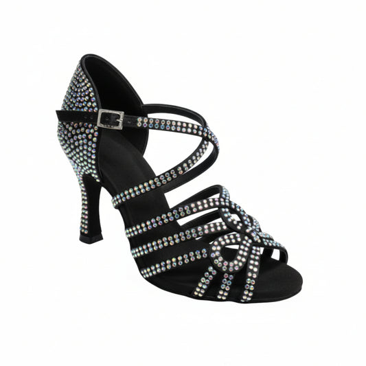 Scarpa da ballo da donna NORA Dreams Black in raso nero con cinturino incrociato, tacco a rocchetto e applicazioni di strass.