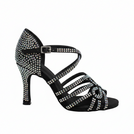 Scarpa da ballo da donna NORA Dreams Black in raso nero con cinturino incrociato, strass e tacco a rocchetto.