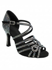 Carica immagine nella Galleria, NORA Dreams Black (L2576S) - Scarpa da Ballo da Donna in Raso Nero cinturino incrociato al Collopiede con Strass Boreali Tacco a Rocchetto