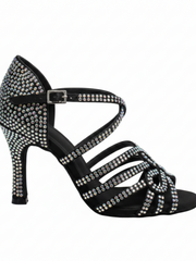 Carica immagine nella Galleria, NORA Dreams Black (L2576S) - Scarpa da Ballo da Donna in Raso Nero cinturino incrociato al Collopiede con Strass Boreali Tacco a Rocchetto