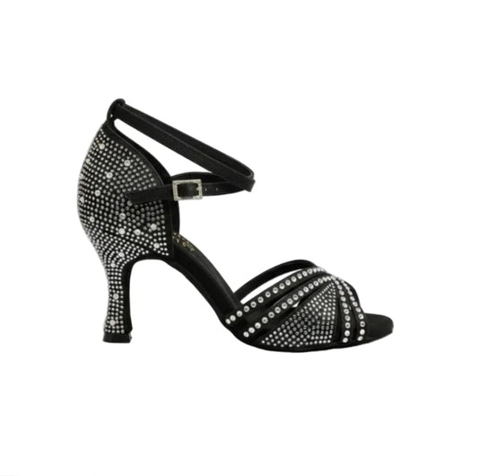 Scarpa da ballo donna LULY Dreams Black in raso nero con cinturino incrociato, strass boreali e tacco a rocchetto.