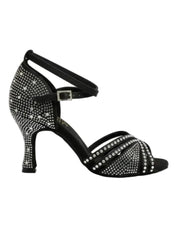 Carica immagine nella Galleria, LULY Dreams Black (L3/L640) - Scarpa da Ballo da Donna in Raso Nero cinturino incrociato alla Caviglia con Strass Boreali Tacco a Rocchetto