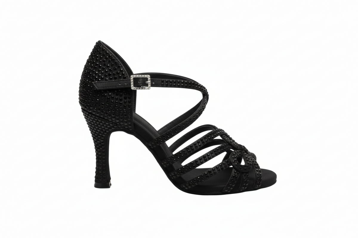 Scarpa da Ballo da Donna in Raso Nero cinturino incrociato al Collopiede NORA Dreams Total Black Wish Dance, vista tre quarti