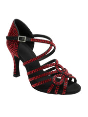 Carica immagine nella Galleria, NORA Dreams Black Red (L2576S) - Scarpa da Ballo da Donna in Raso Nero cinturino incrociato al Collopiede con Strass Rosso Rubino Tacco a Rocchetto