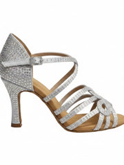Carica immagine nella Galleria, Scarpa da ballo Donna NORA Dreams Silver Wish Dance Shop in raso argento con cinturino incrociato e tacco a rocchetto con strass