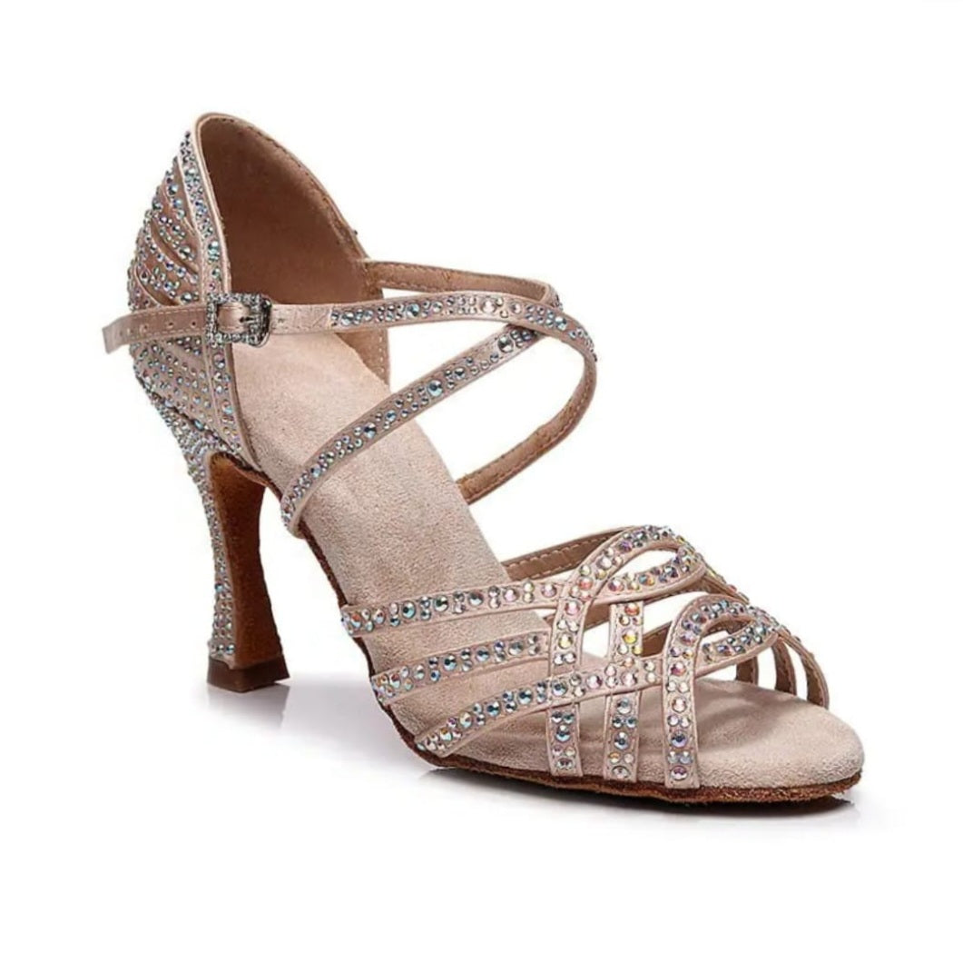 Scarpa da donna Wish Dance Shop Onda QC Dreams Maxplus in raso seta oro, cinturino incrociato, strass e tacco a rocchetto.