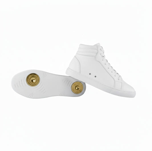 GERO WHITE GOLD Vortex (L0703FCE) - Sneaker Collo Alto in Ecopelle Totale Bianca Materiale Vegan Suola Bianca in Gomma e Caucciù Confort Light Flex Cerchi Oro Pivot