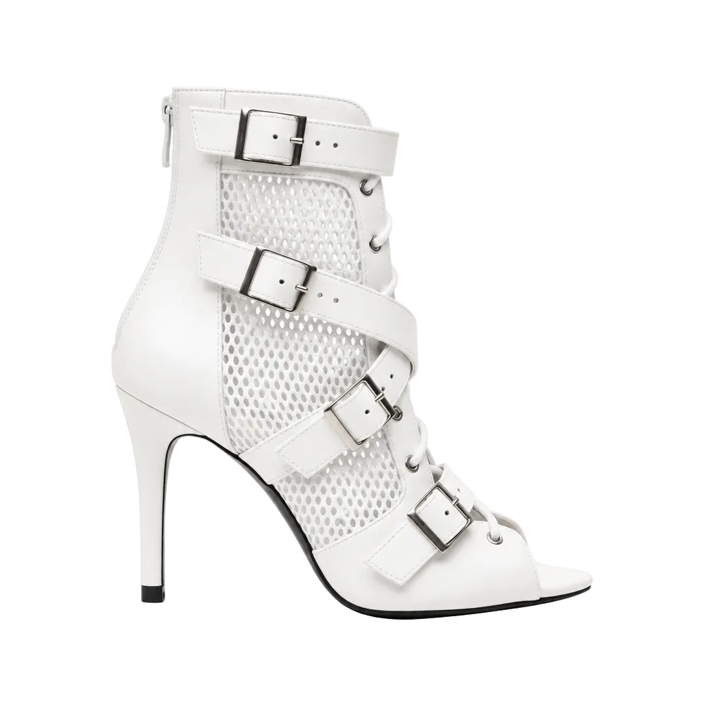 ĆELINE White (Art.2059 Sup ) - Mezzo Stivaletto in Pelle Bianca Rete Bianca Fibbie Argento Tacco a Spillo Suola in Gommina