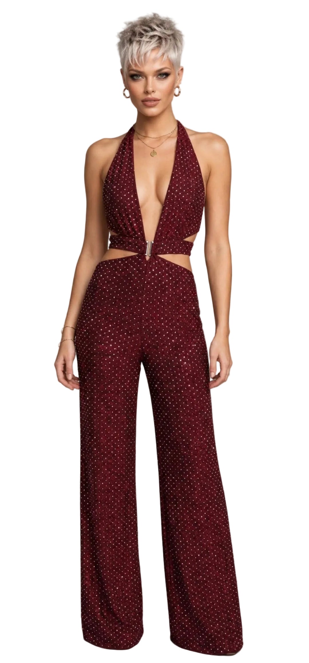 SIMONA JUMPSUIT – BIELASTISCHER STOFFOVERALL MIT APPLIKATION