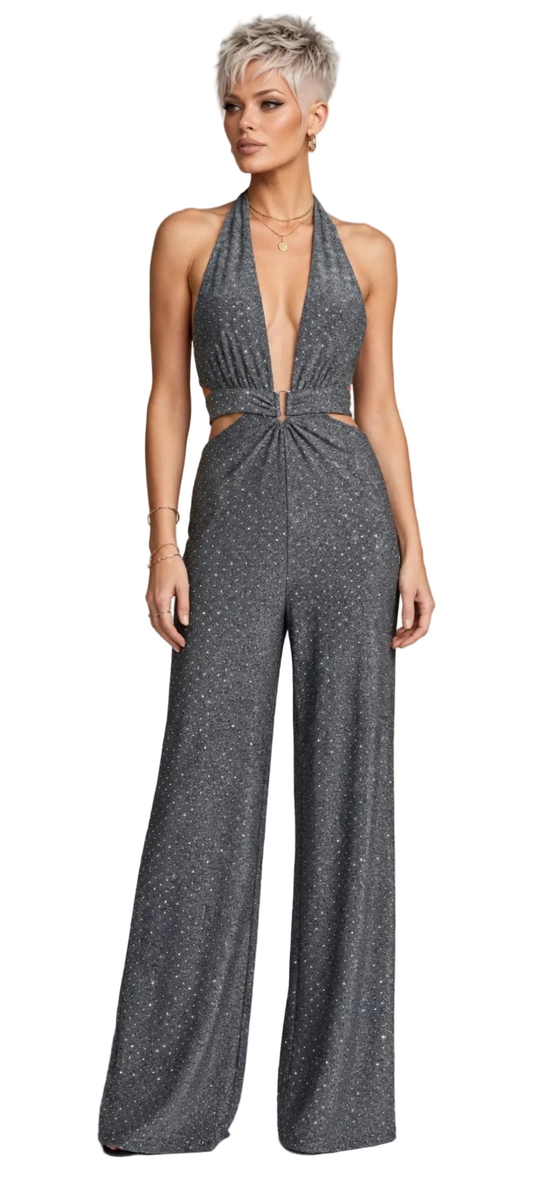 SIMONA JUMPSUIT – BIELASTISCHER STOFFOVERALL MIT APPLIKATION