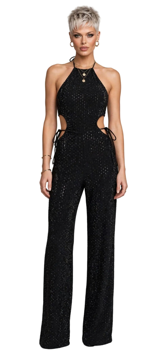 CALLIOPE JUMPSUIT - TUTA TESSUTO BIELASTICO CON APPLICAZIONE DI BORCHIETTE EFFETTO STRASS