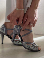 Carica immagine nella Galleria, DADA Diamond QC (L55) - Scarpa da Ballo da Donna in Raso Carbon cinturino incrociato al collopiede con Swarovski Boreali Tacco a Spillo Largo Basso