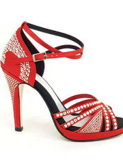 Carica immagine nella Galleria, ALMA Dream (LP3) - Scarpa da Ballo da Donna in Raso Seta Rosso Intenso con Swarovski Boreali Cinturino doppio alla Caviglia con Plateau e Tacco Alto a Spillo Largo