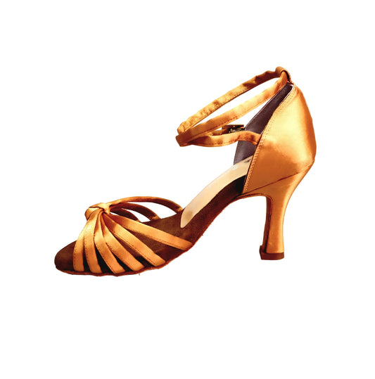 Scarpa da ballo donna Patty QB Wish Dance Shop in raso seta bronzo con cinturino doppio e tacco a rocchetto, dettaglio fascette.