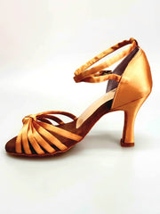 Carica immagine nella Galleria, Patty QB (28QB) - Scarpa da Ballo Basica da Donna in Raso Seta Bronzo Nodino con 6 Fascette e cinturino doppio sulla caviglia con Tacco a Rocchetto