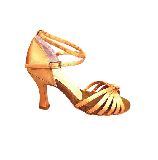 Scarpa da ballo donna Patty QB in raso seta bronzo con cinturino doppio, tacco a rocchetto e fascette, marca Wish Dance Shop