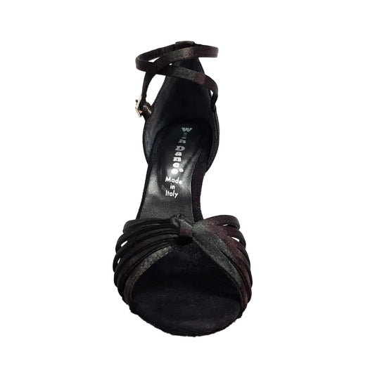 Scarpa da ballo donna Patty QB in raso seta nero con cinturino doppio, fascette e tacco rocchettino, morbida e elegante.