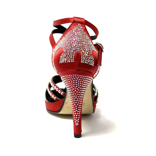 Scarpa da ballo donna Alma Dream LP3 in raso seta rosso intenso con Swarovski, cinturino doppio e tacco alto a spillo largo