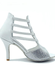 Load image into Gallery viewer, ESTELA (460PW) - Sandalo da Donna in Camoscio Ghiaccio e Swarovski Kristall e Pelle Bianca Tacco a Spillo Rivestito Camoscio Nero