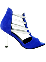 Load image into Gallery viewer, Tatyana (460PW) - Woman's Sandal in Royal Blue Suede with Silver Elastics and Silver Laminated Stiletto Heel