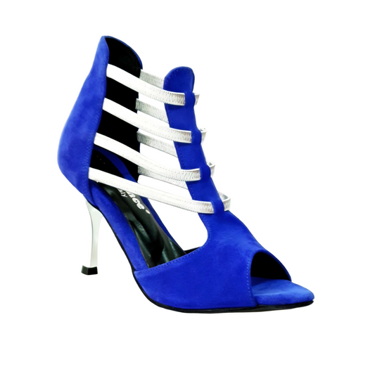 Sandalo Tatyana Wish Dance Shop in camoscio blu royal con elastici argentati e tacco a stiletto laminato argento