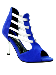 Load image into Gallery viewer, Tatyana (460PW) - Woman's Sandal in Royal Blue Suede with Silver Elastics and Silver Laminated Stiletto Heel
