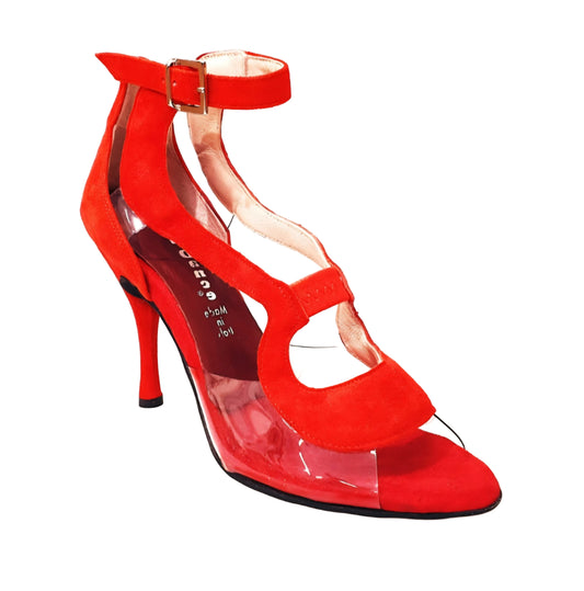 Sandalo donna Angela in camoscio rosso con dettagli in plexiglass, scarpa elegante di Wish Dance Shop.