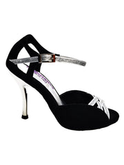 Carica immagine nella Galleria, Morgane Scarlett (691) - Sandalo da Donna in Camoscio Nero con Fascette in Glitter Argento e Tacco a Spillo laminato argento Wish Dance Shop