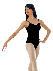 Carica immagine nella Galleria, TITANIA (B/S) - Body Danza Classica da donna in Cottonlycra Bielastica nera spalline singole Sottili con Pettorina antisudore sul petto e arricciatura