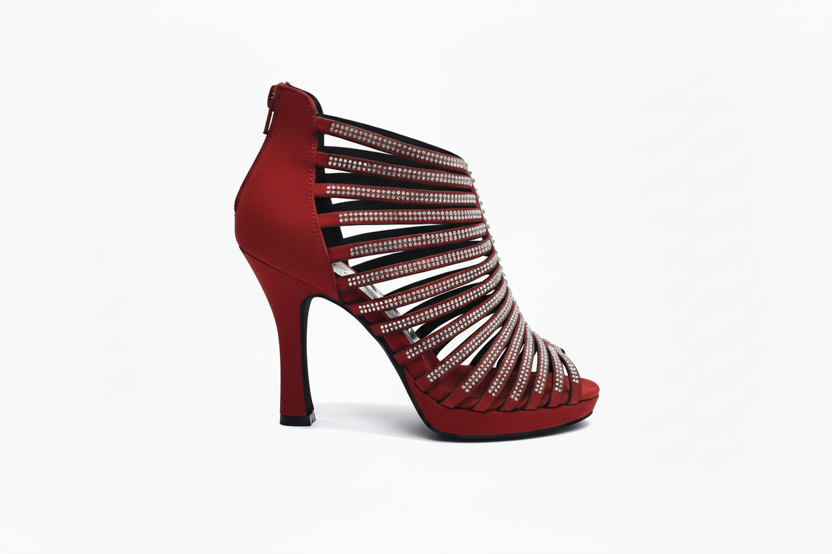 Sandalo a tronchetto donna ELSY Plus LP7 in morbido camoscio rosso con Swarovski, plateau flex e tacco basso a spillo largo.