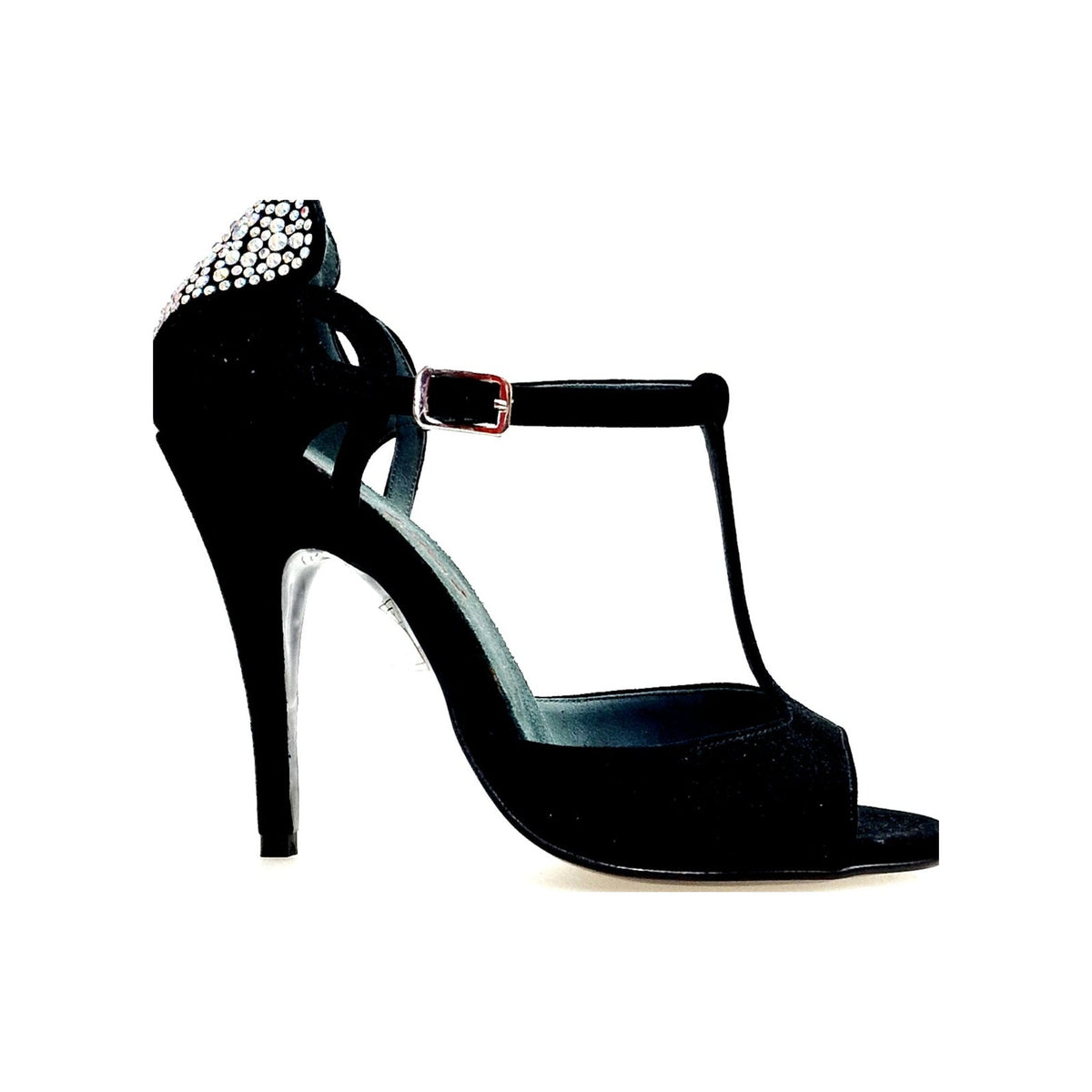 Sandalo da donna Wish Dance in camoscio nero con cuore Swarovski Boreali, tacco alto a spillo, elegante e alla moda.