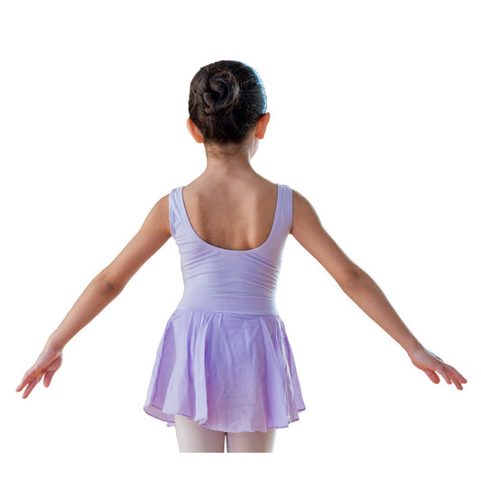 Body danza classica smanicata per bambina Swanilda Wish Dance Shop, cotone elastico con applicazione di gonnellino in chiffon.