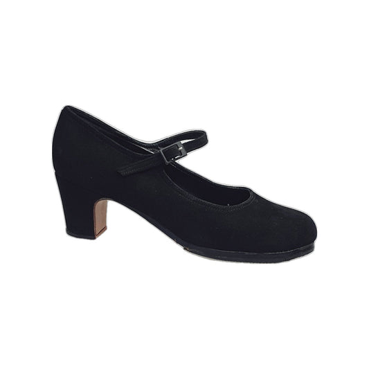 Scarpa da flamenco Carmen in camoscio nero con chiodi ribattuti a mano, stile elegante e tradizionale.