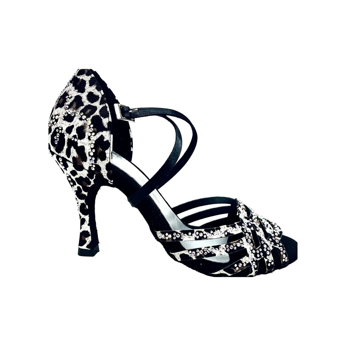 Scarpa da donna Carolin QC Wish Dance Shop in raso seta leopardato bianco con Swarovski Boreali e tacco a rocchetto alto