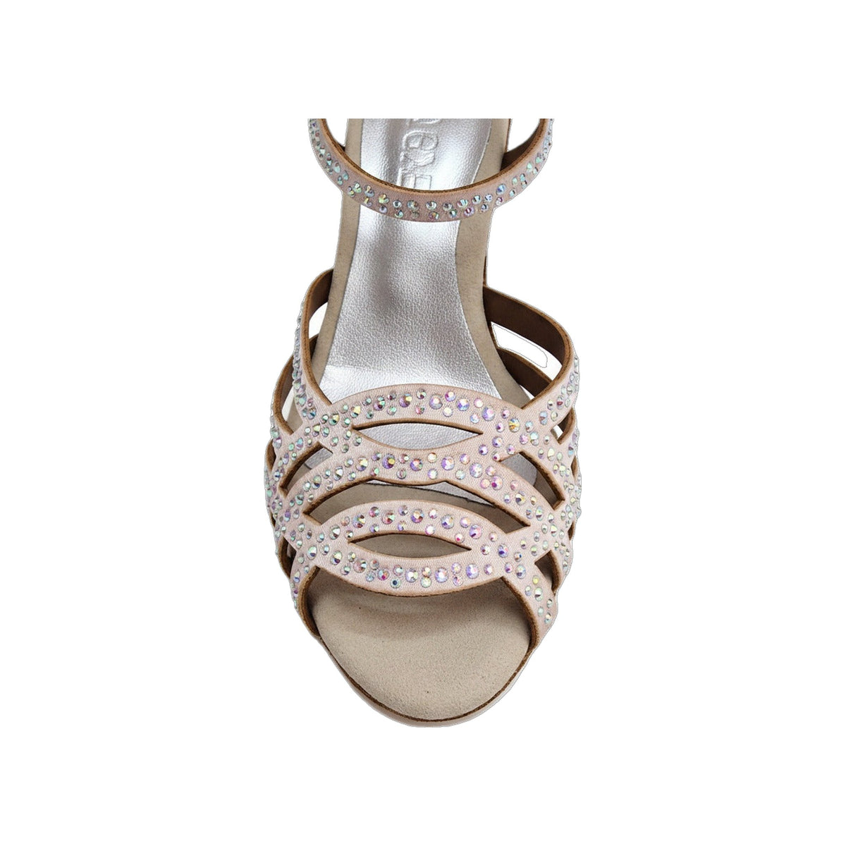 Scarpa Da Donna in Raso Seta Cipria Rosé Con Swarovski Boreali e Tacco a Rocchetto Slim/Latino Basso, dettaglio tacco