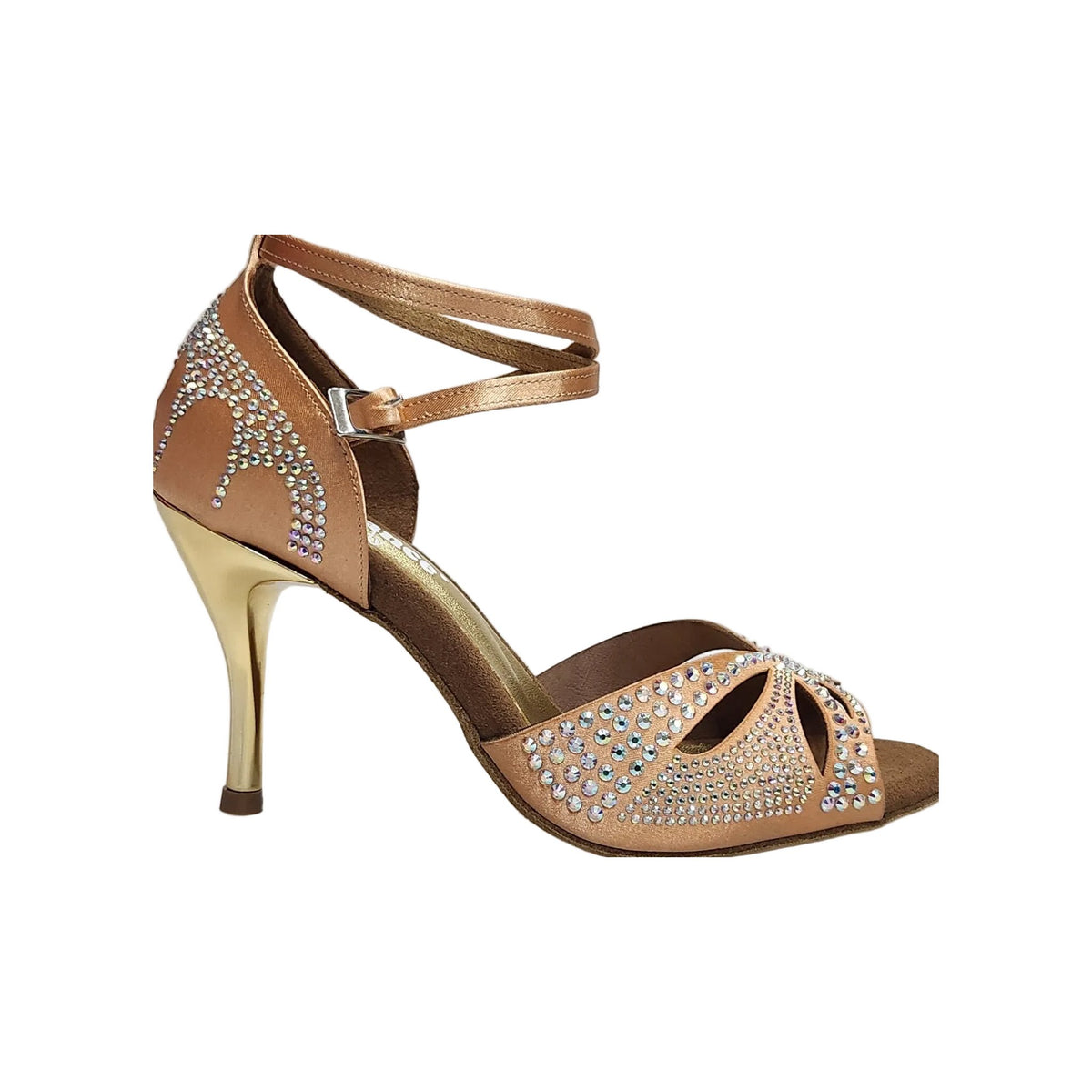 Scarpa da ballo in raso seta carne con Swarovski Boreali e tacco a spillo laminato oro, modello Deluxe Butterfly (L2).