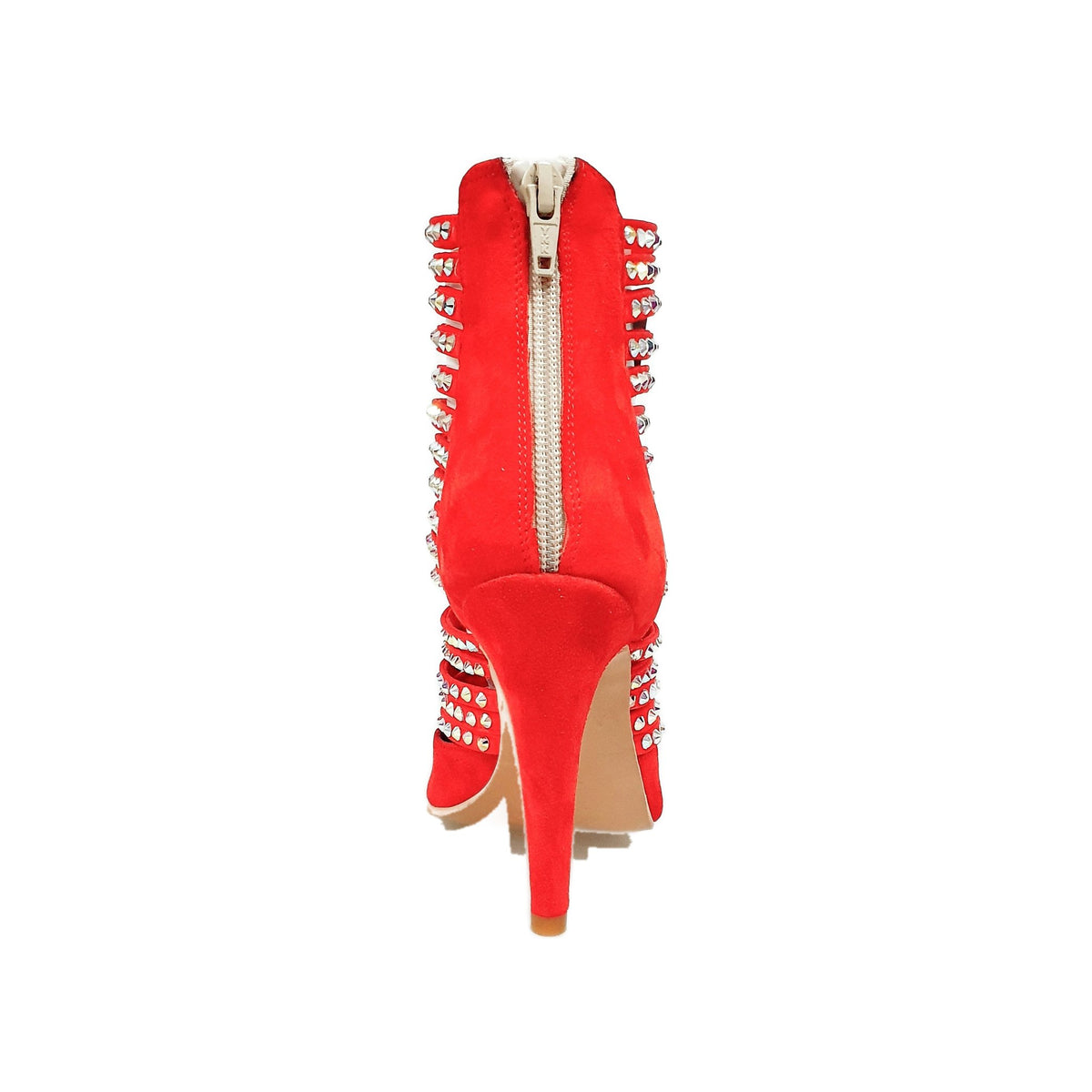 Sandalo da donna Elizabeth Plus in camoscio beige con zip, dettagli Swarovski e design tronchetto, marca Wish Dance Shop.