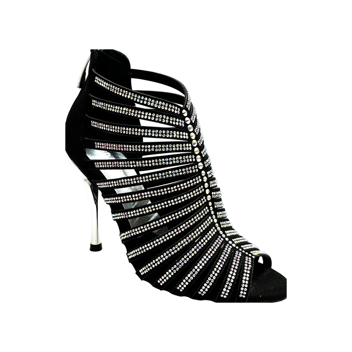 Sandalo a Tronchetto Da Donna in Raso Seta Nero Con Swarovski Boreali e Tacco a Spillo Laminato Argento ELSY, vista laterale