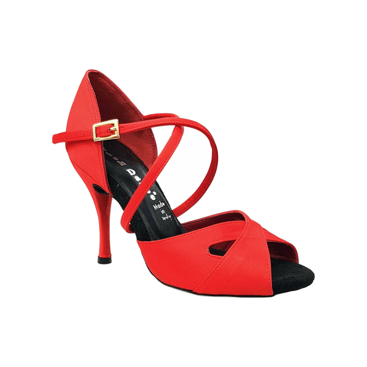 Scarpa da donna Ely QC in raso di seta rossa, con cinturino incrociato, tacco a spillo e cuscino memorex, vista frontale.
