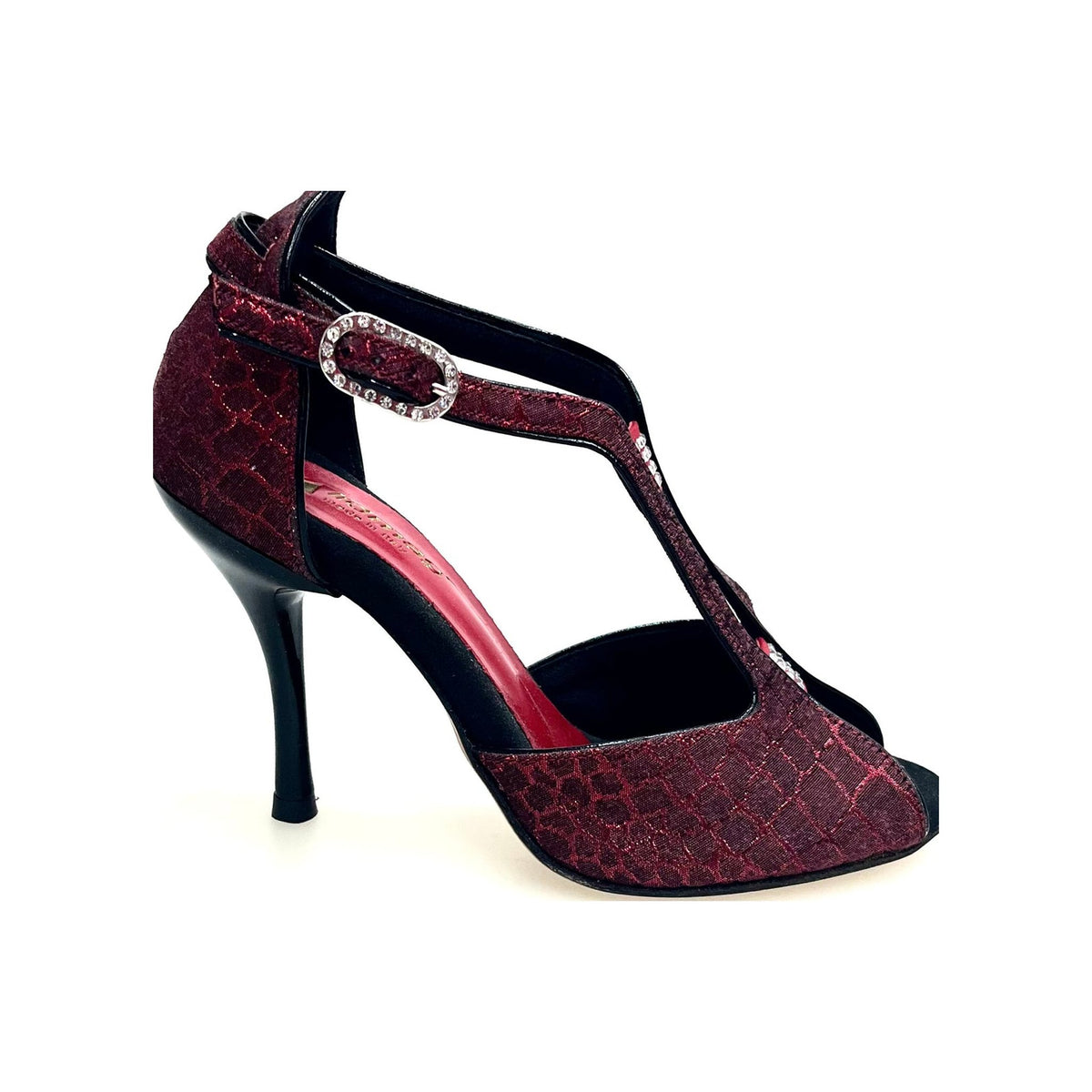 Scarpa da donna Fascino 401 in Sunset rosso con dettagli neri, tacco a spillo smaltato nero, elegante e alla moda.