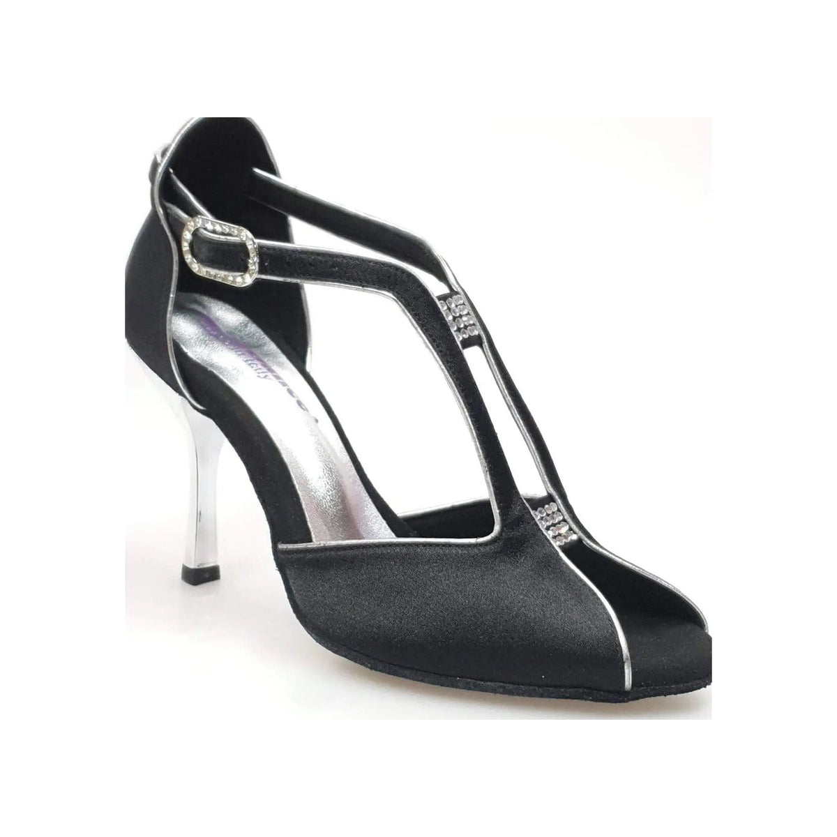 Scarpa da donna Wishdance ELIDE (401) in raso nero con profili argentati e tacco a stiletto laminato argento.