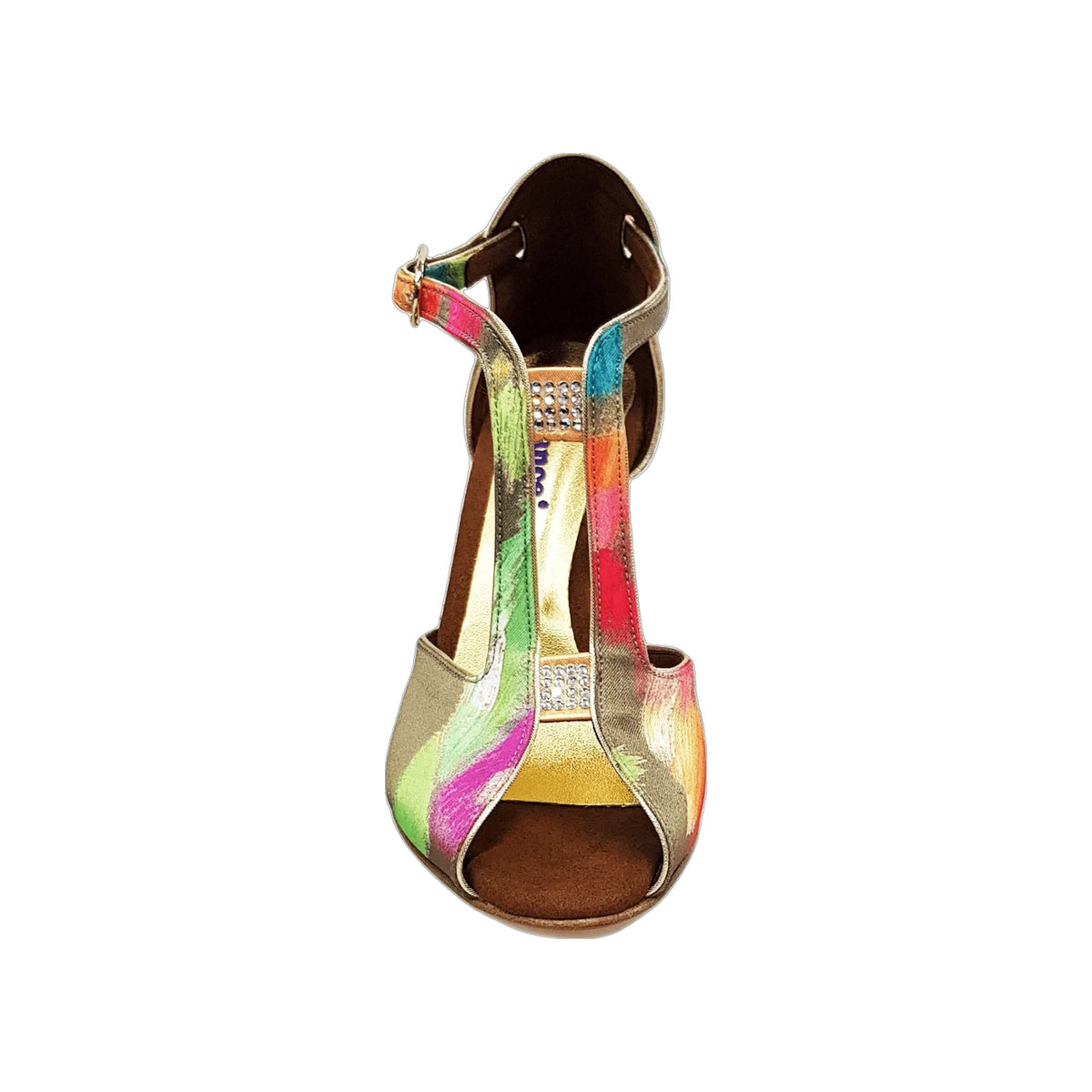 Scarpa da donna Wishdance Fascino (401) in tessuto verde Picasso con tacco a spillo laminato oro e tallone in lurex oro.