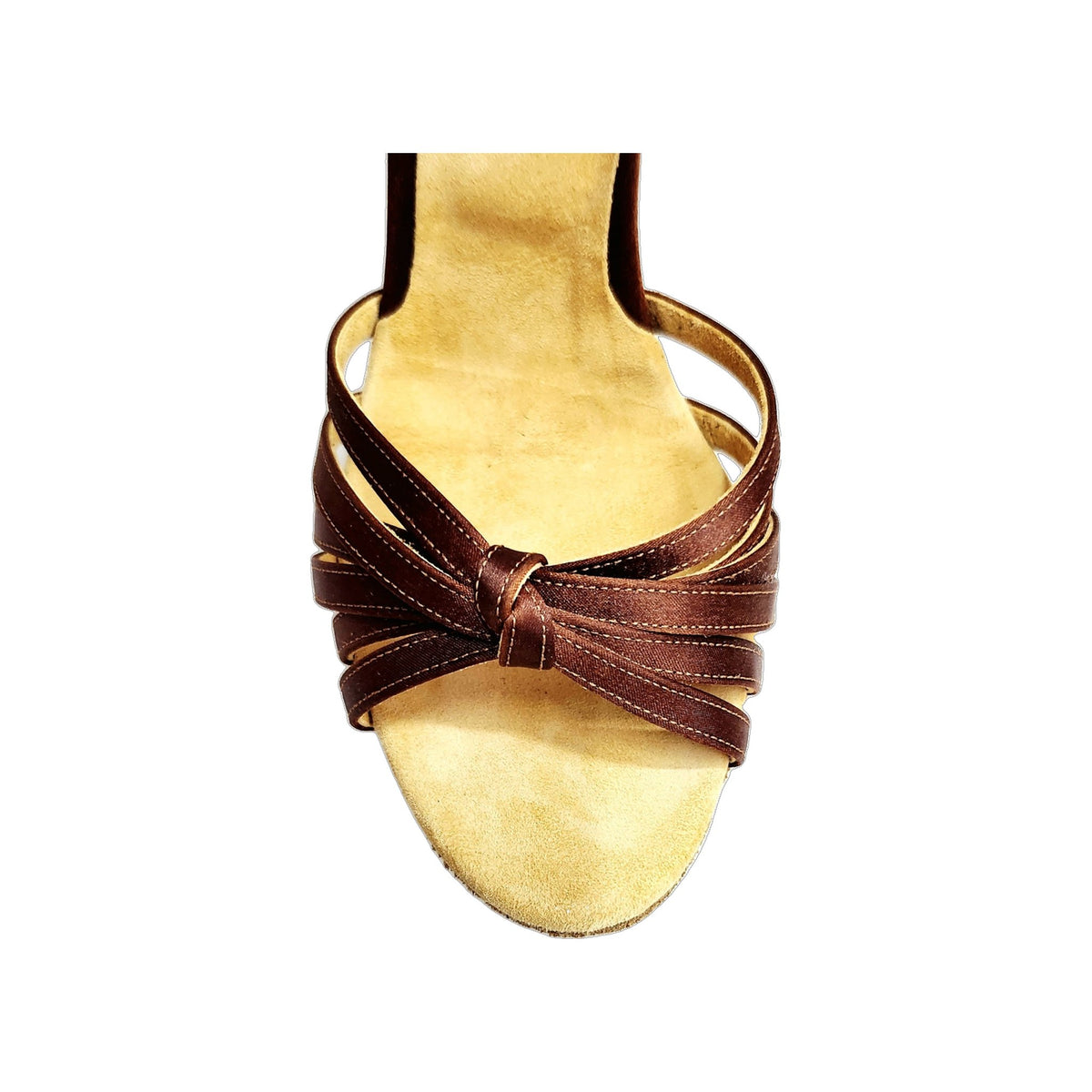 Scarpa da donna Wish Dance Shop Ginevra/6 in raso seta bronzo tan con nodino e sei fascette, tacco rocchetto tondo.