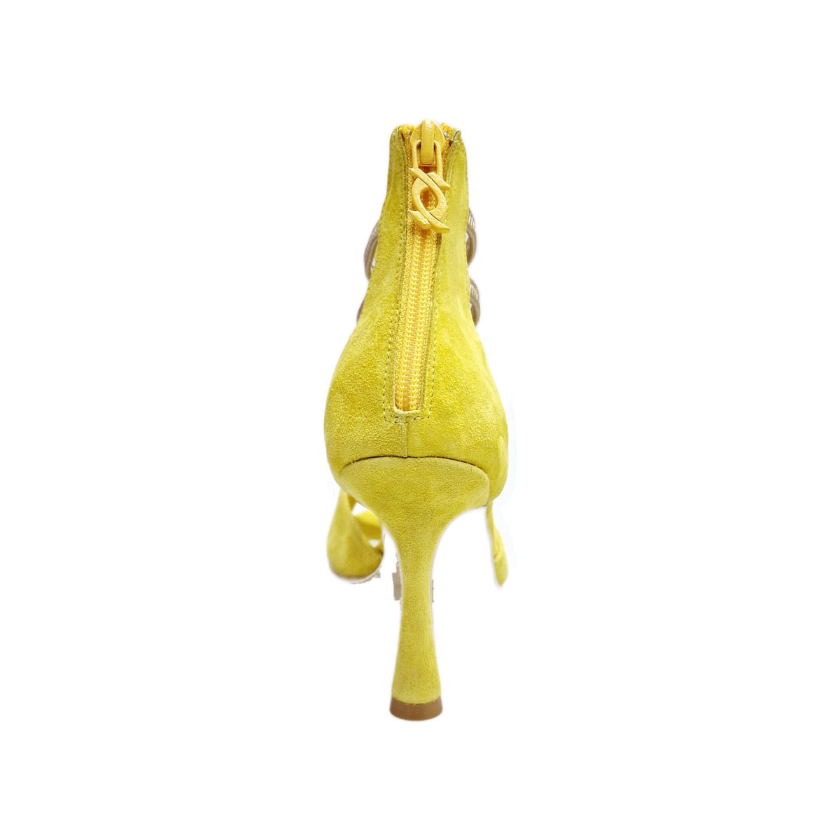 Sandalo da donna GIOVANNA (460ZIP PW) in camoscio giallo con zip e elastici oro, tacco a rocchetto slim, dettaglio elegante.