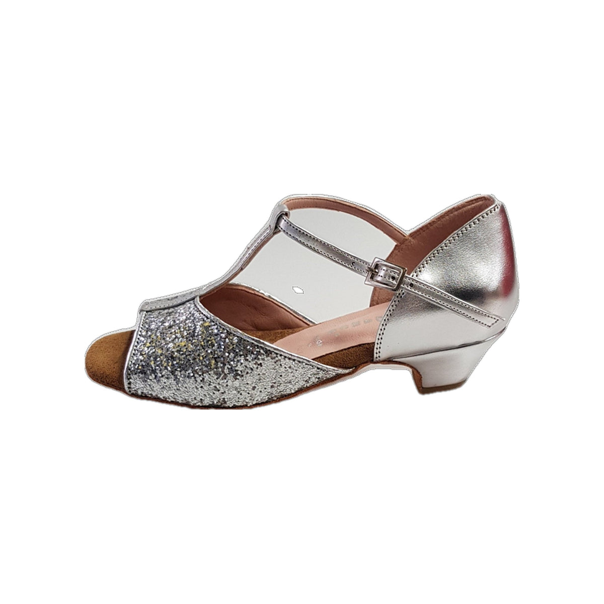 Scarpa da bambina Wishdance Linda in glitter argento con tacco e tallone in pelle argento, elegante e comoda.