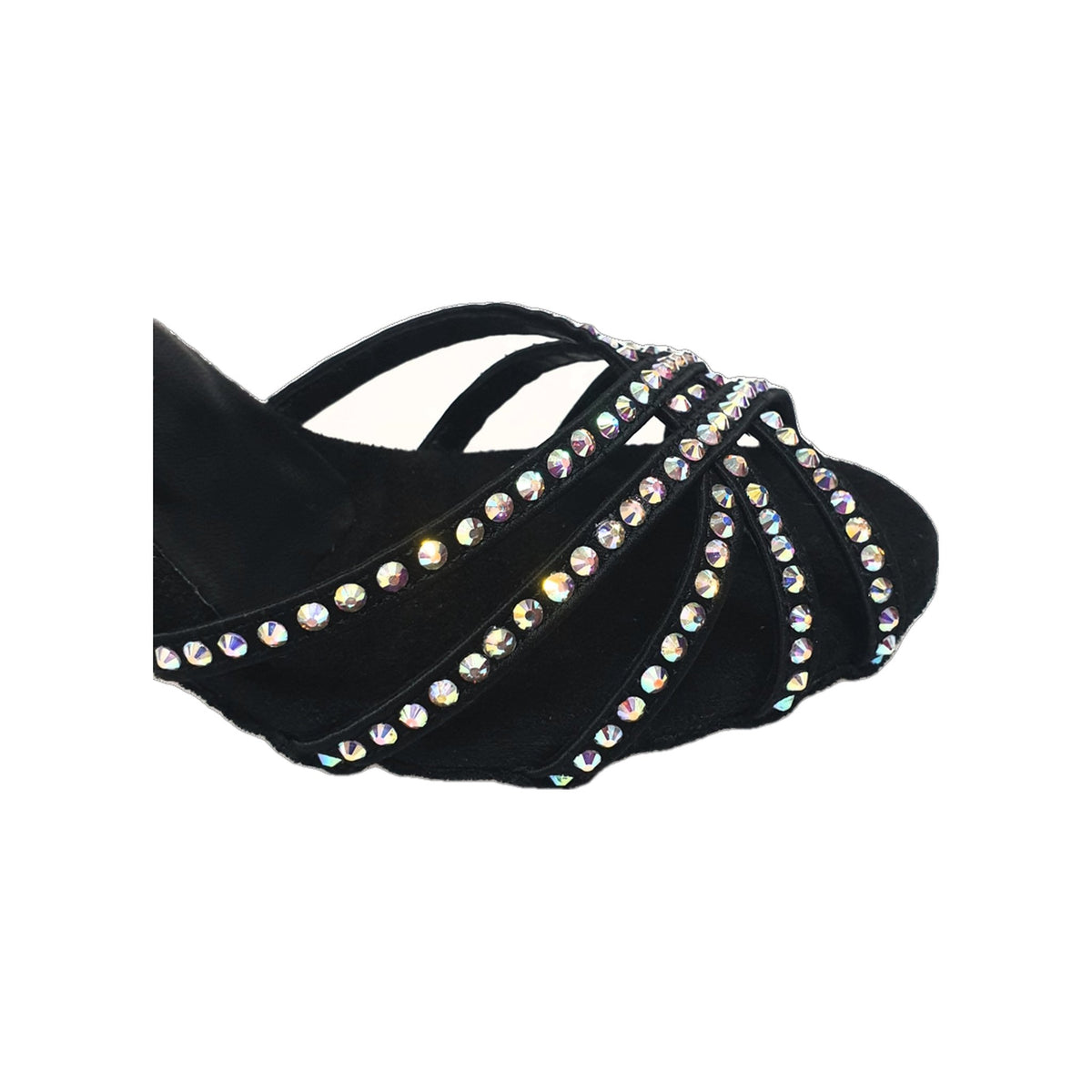 Sandalo da donna LUENIA QB Plus in raso di seta nero, con cinturino incrociato, Swarovski e tacco rocchetto, stile elegante.