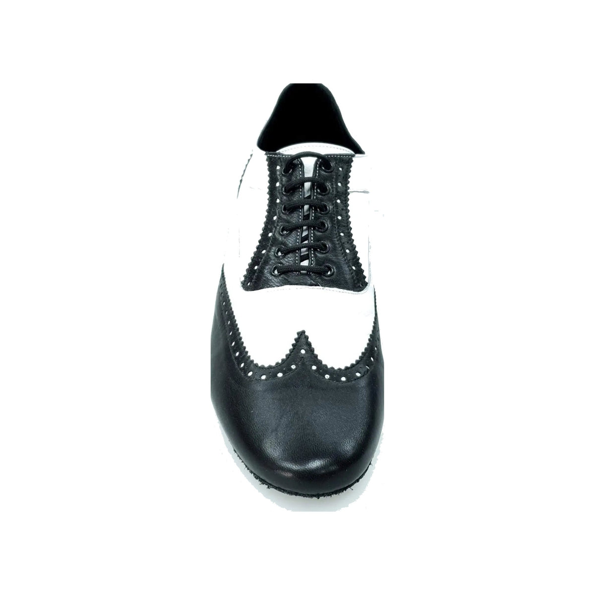 Scarpa stringata Adone MS14 in pelle nera e bianca, forma tonda, stile Oxford Brogue, marca Wish Dance Shop