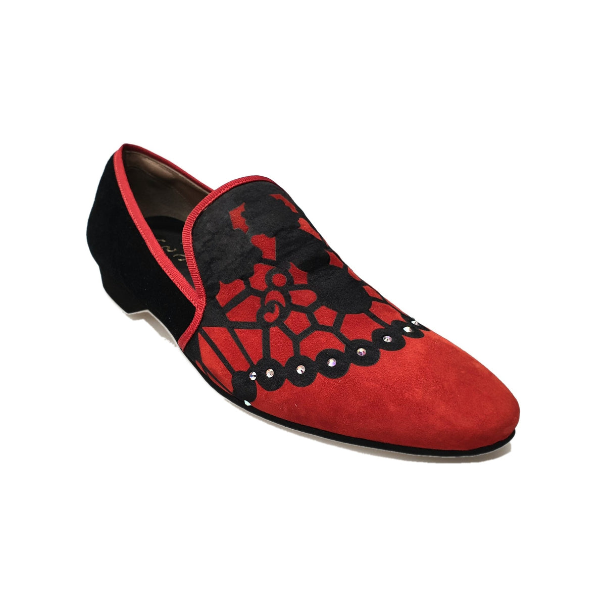Mocassino uomo Moreno MS21 in camoscio rosso con inserto in raso nero e Swarovski boreali, profilo rosso, forma lunga