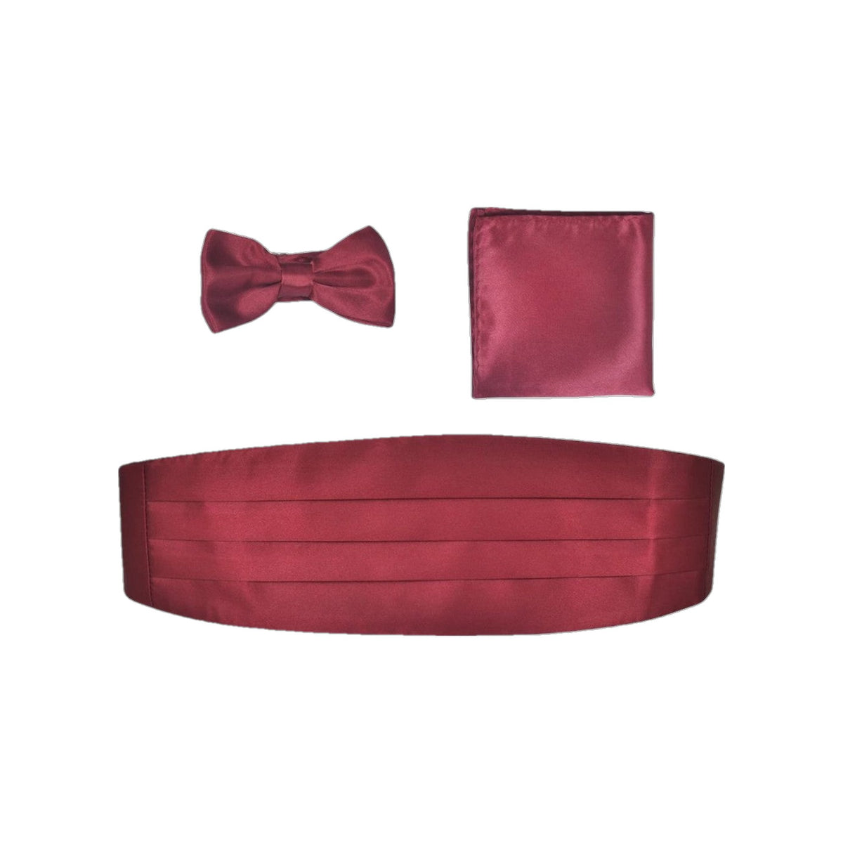 Set di accessori uomo Bordeaux con fusciacca, pochette e papillon in tessuto elegante, ideale per occasioni formali.