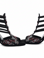 Load image into Gallery viewer, Viper Red (460PW) - Woman's Sandal in Black Suede Livery in Red and White Studs and Stiletto Heel Covered in Black Suede